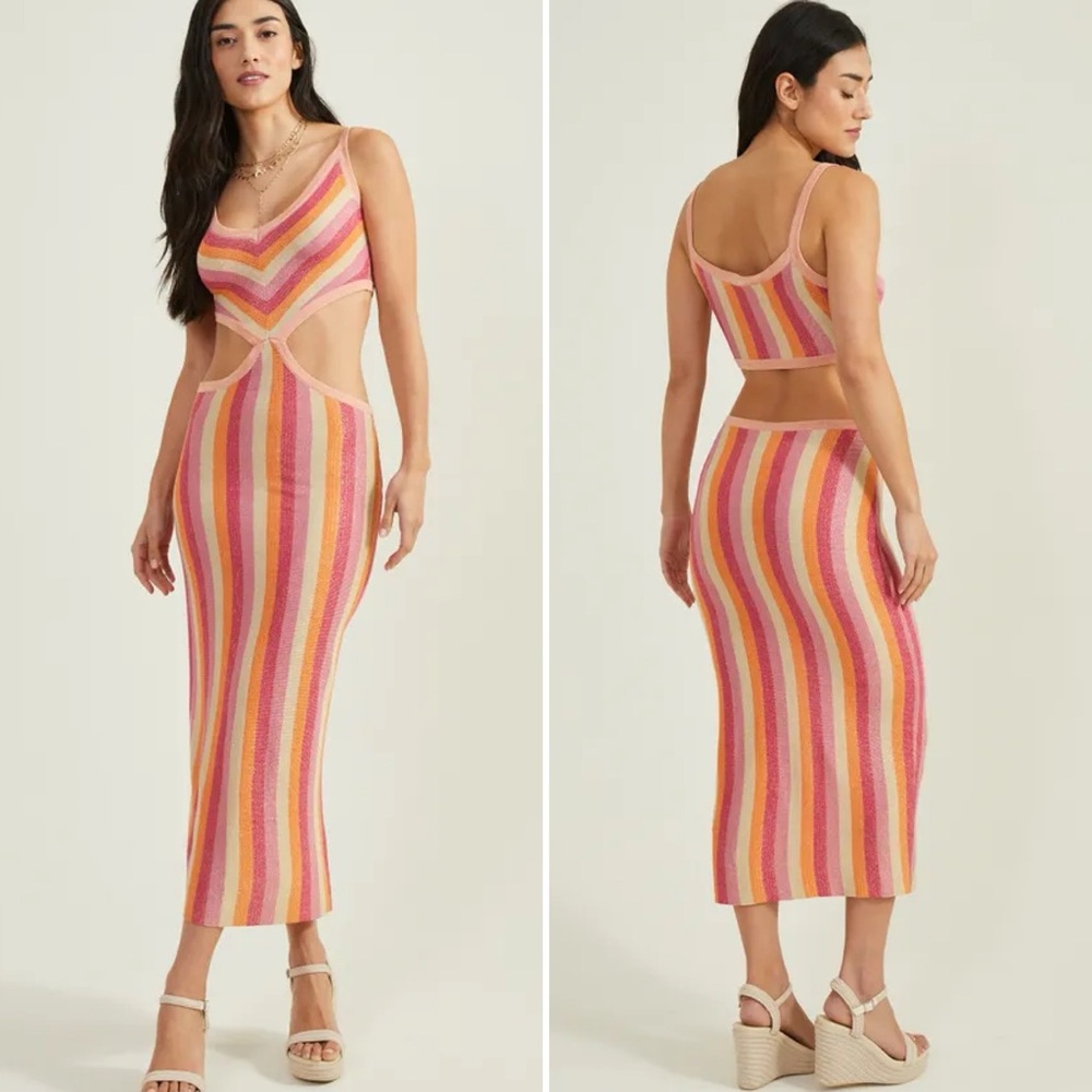 Altar’d State NWT Avery Stripes Midi Dress Medium pink‎ side cutouts metallic